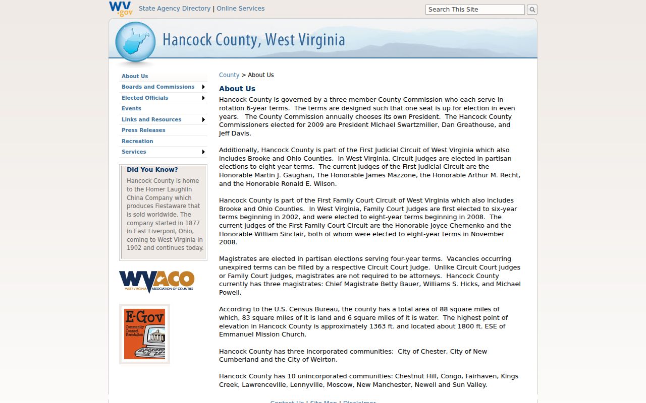Hancock County property records communities including Chester, New Cumberland and Weirton